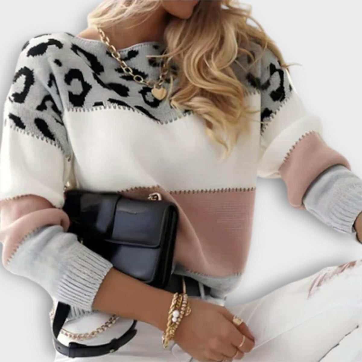 Women's Animal Print Yoke Crew Neck Knit Pullover