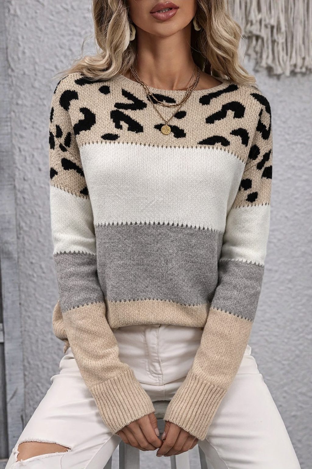 Women's Animal Print Yoke Crew Neck Knit Pullover