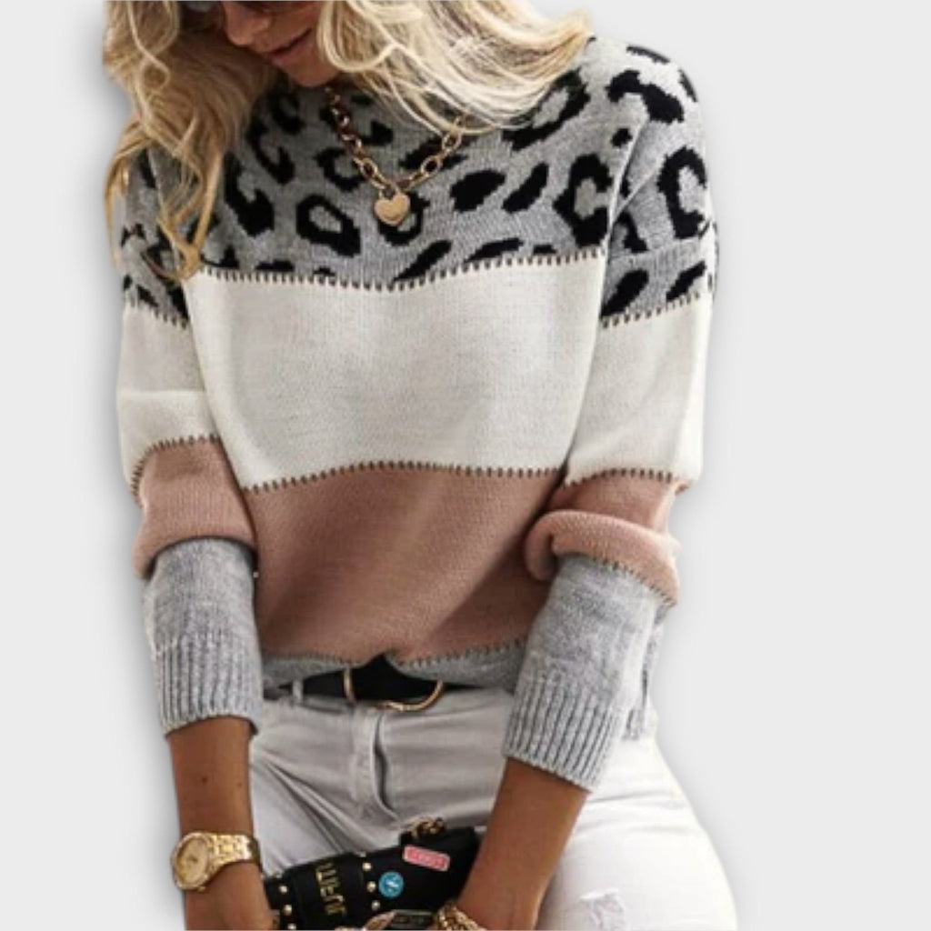 Women's Animal Print Yoke Crew Neck Knit Pullover