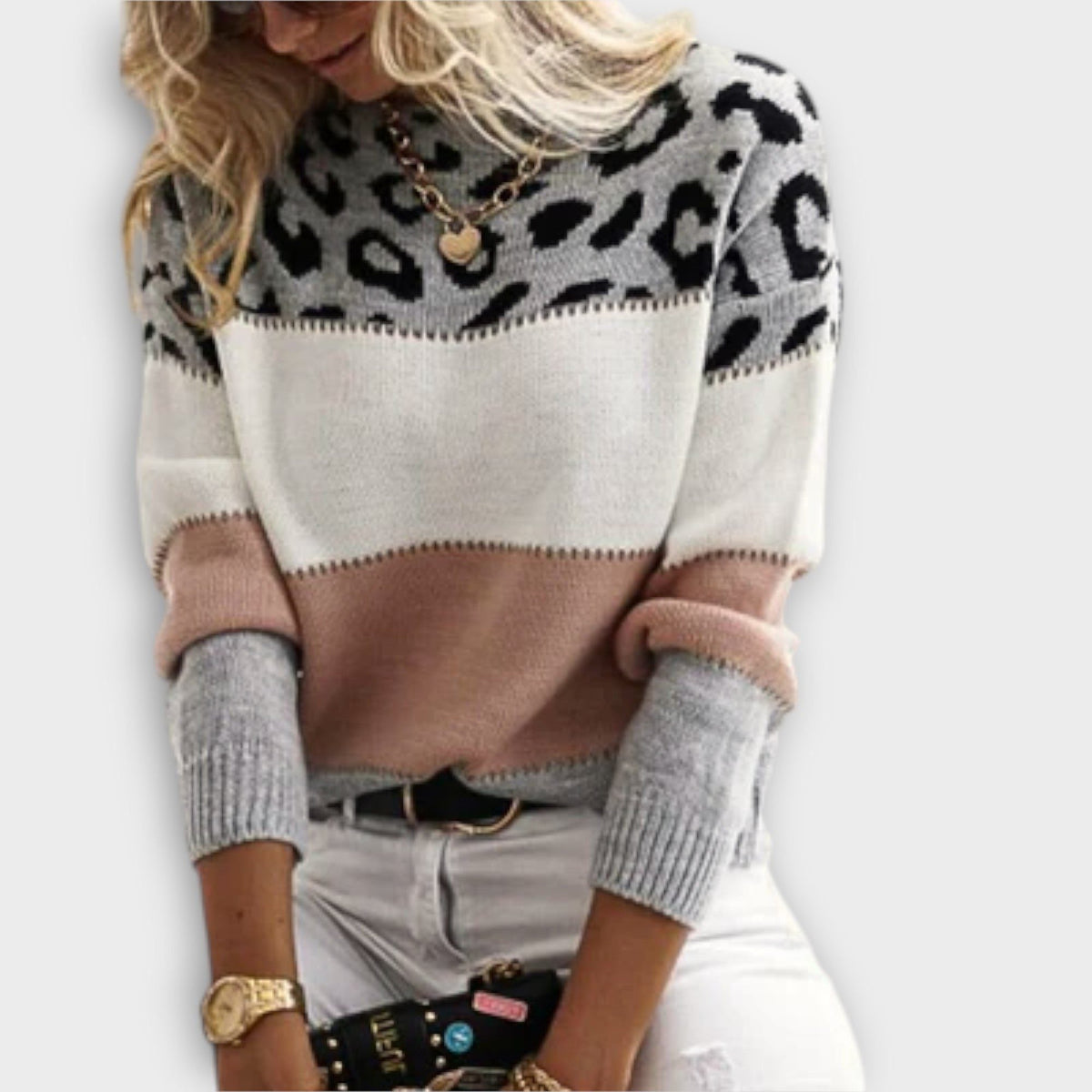 Women's Animal Print Yoke Crew Neck Knit Pullover