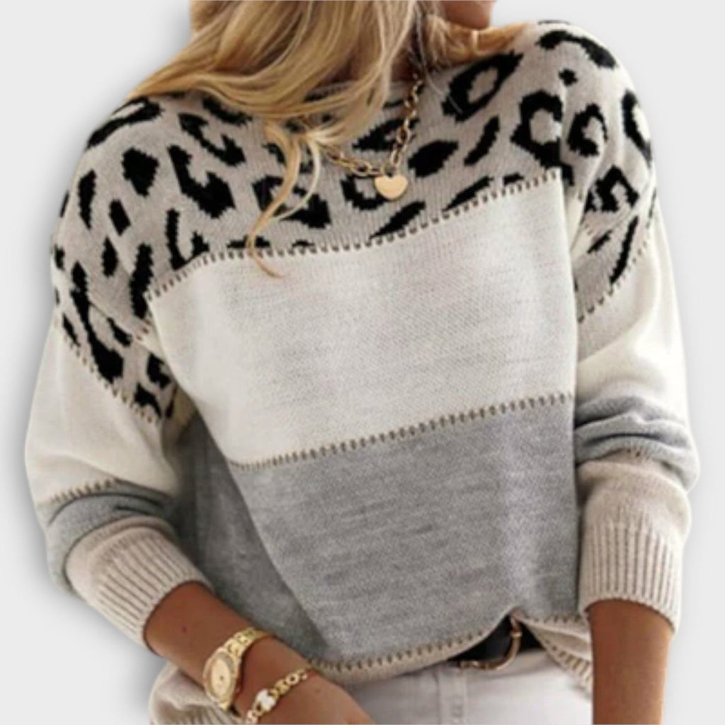 Women's Animal Print Yoke Crew Neck Knit Pullover