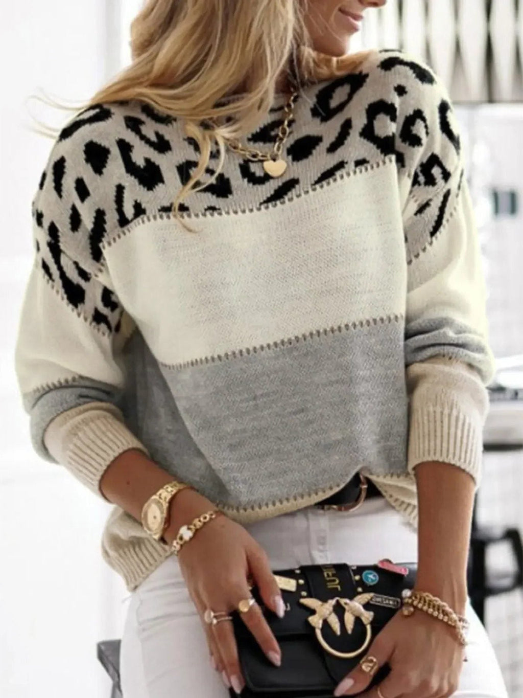 Women's Animal Print Yoke Crew Neck Knit Pullover