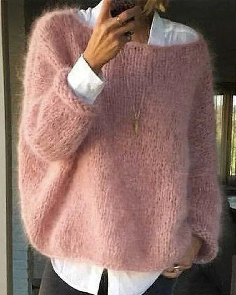 Women's Loose Fit Ribbed Mohair Knit Pullover