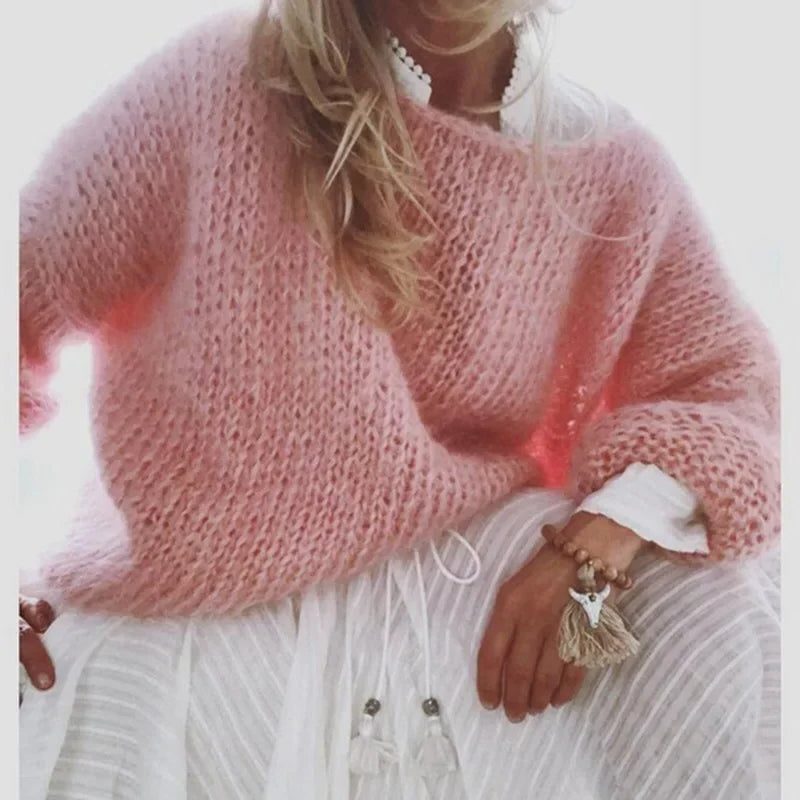 Women's Loose Fit Ribbed Mohair Knit Pullover