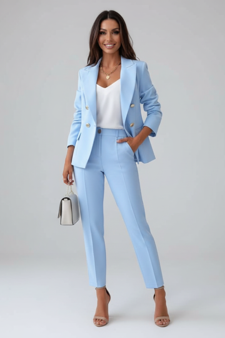 Women's Tailored Double-Breasted Metallic Button Suit Set