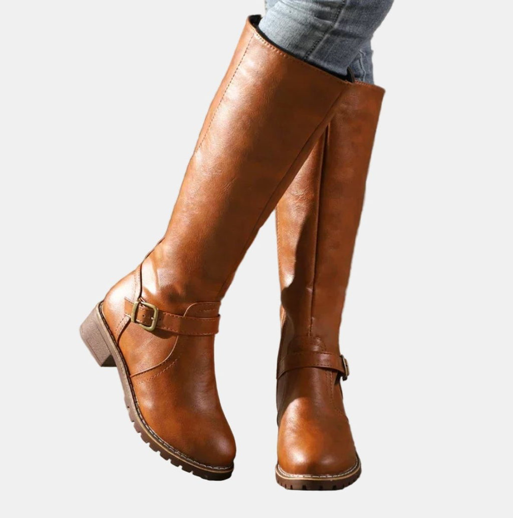 Women's Buckle Strap Low Heel Equestrian Tall Boots