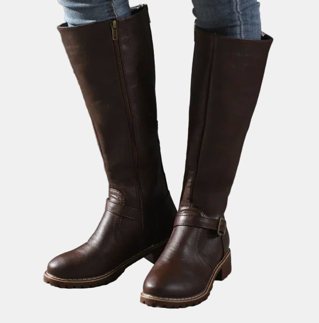 Women's Buckle Strap Low Heel Equestrian Tall Boots