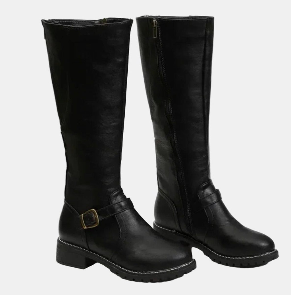 Women's Buckle Strap Low Heel Equestrian Tall Boots