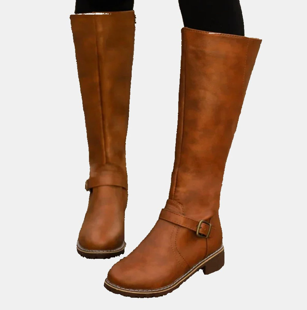 Women's Buckle Strap Low Heel Equestrian Tall Boots
