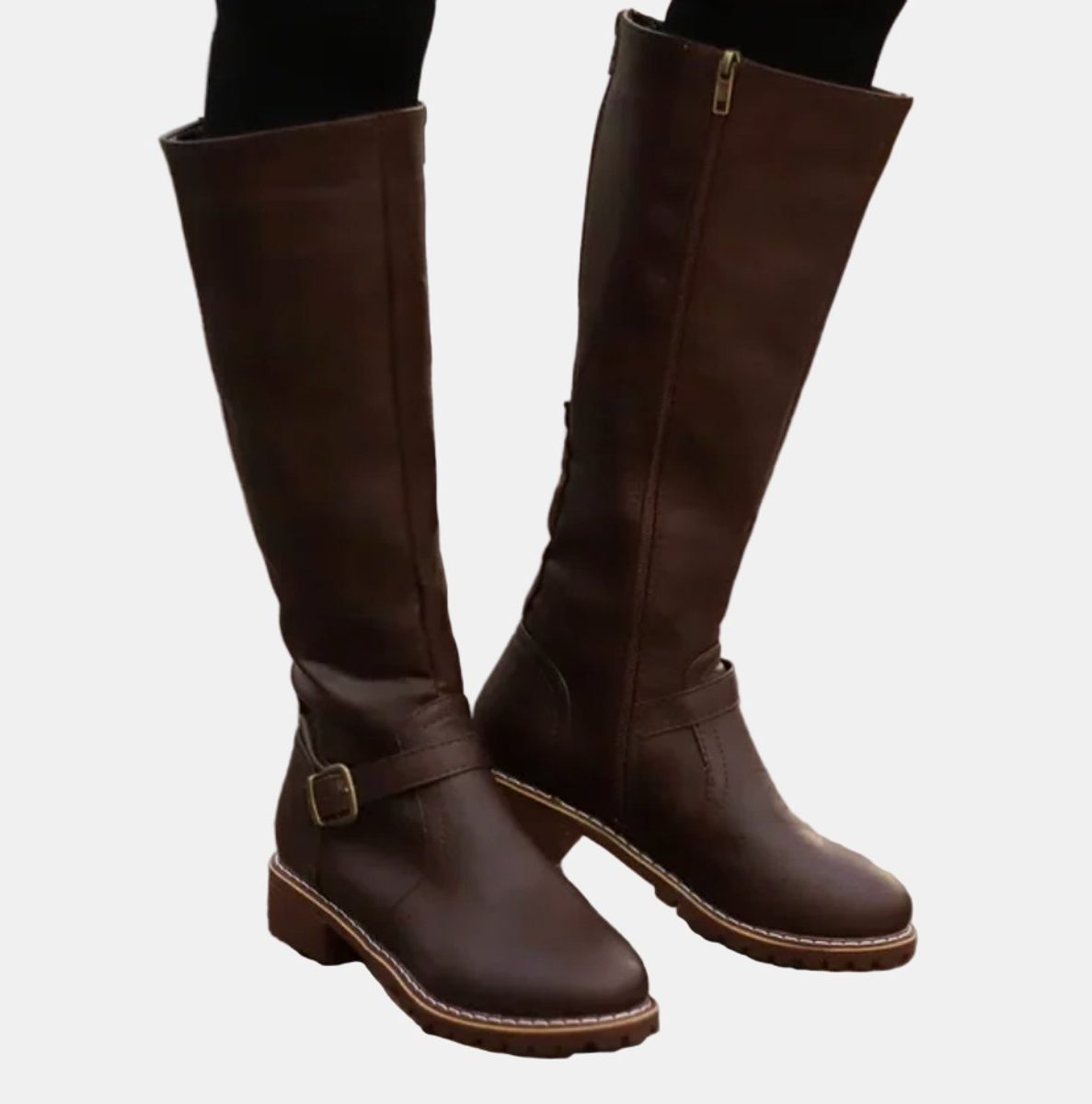 Women's Buckle Strap Low Heel Equestrian Tall Boots