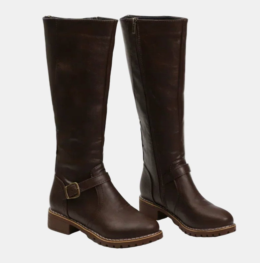 Women's Buckle Strap Low Heel Equestrian Tall Boots