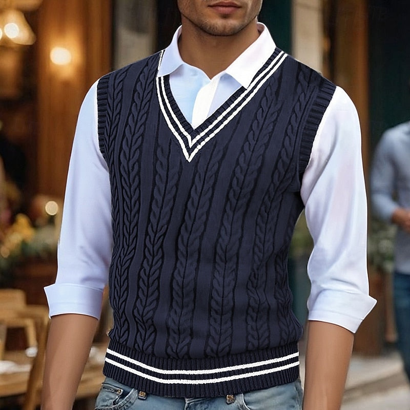 Men's V-Neck Striped Cable Knit Layering Vest