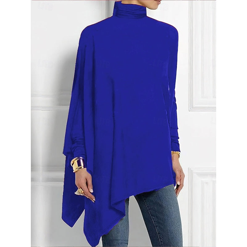 Women's Draped Longer Body Uneven Hem Turtleneck Pullover