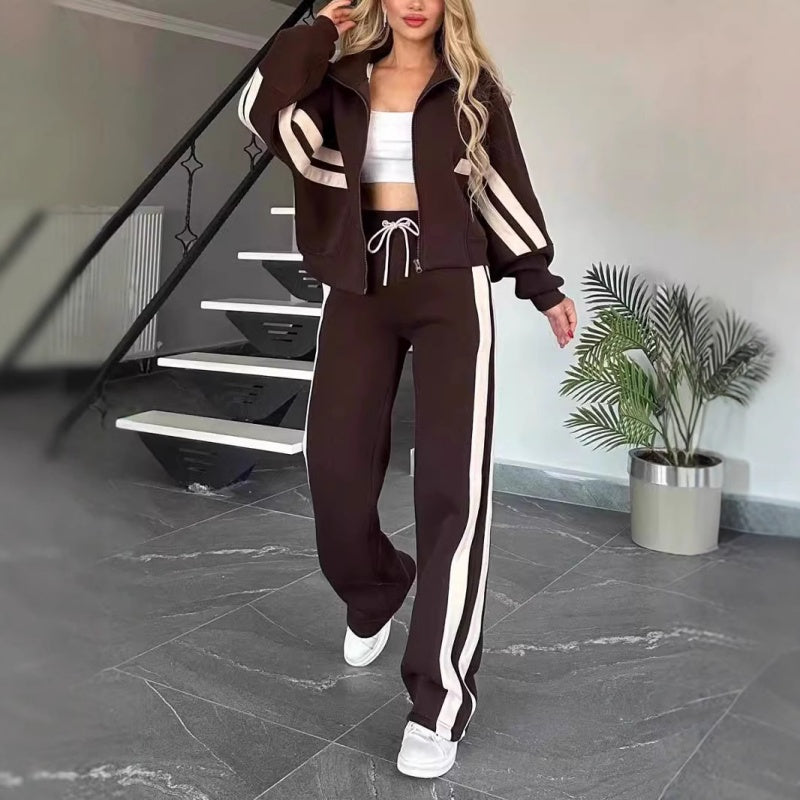 Women's Contrast Side Stripe Zip Jacket Wide-Leg Set