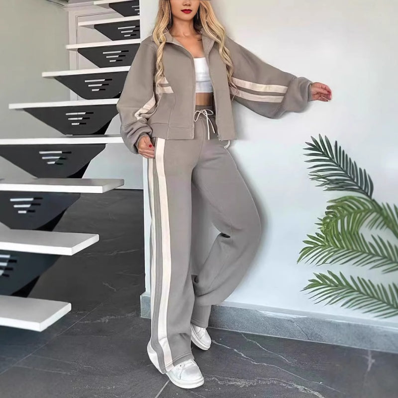 Women's Contrast Side Stripe Zip Jacket Wide-Leg Set