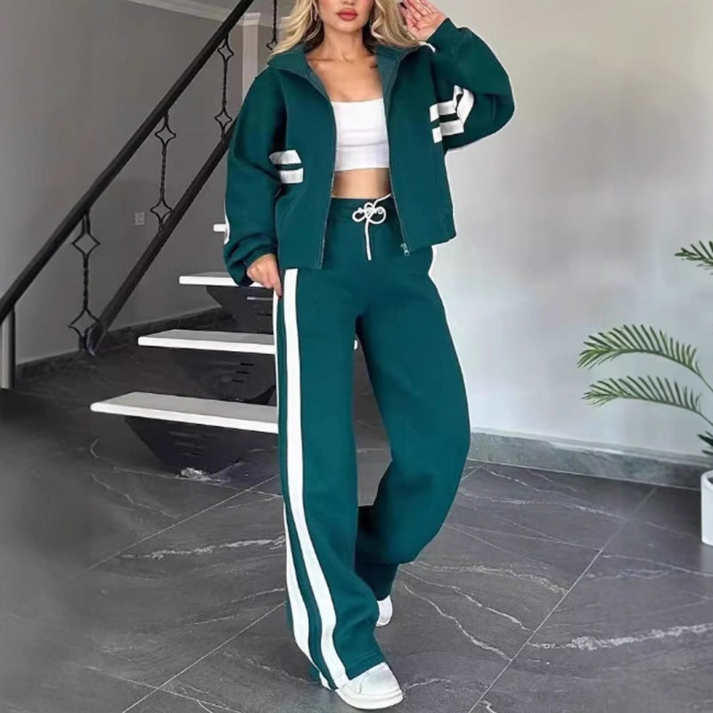 Women's Contrast Side Stripe Zip Jacket Wide-Leg Set