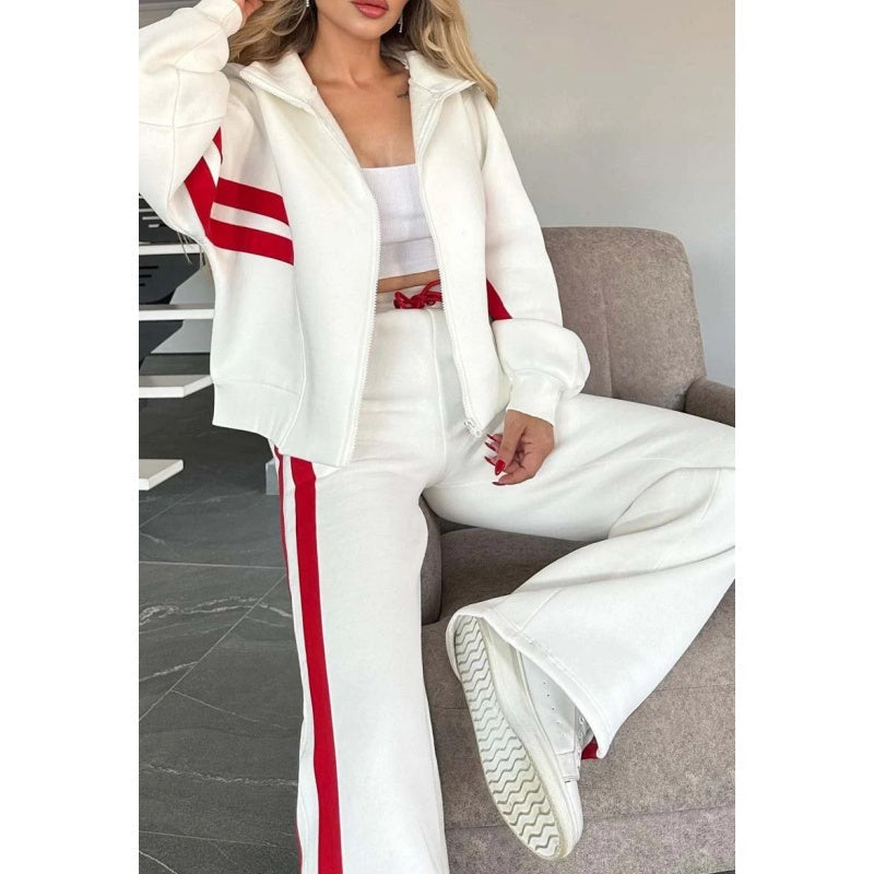 Women's Contrast Side Stripe Zip Jacket Wide-Leg Set