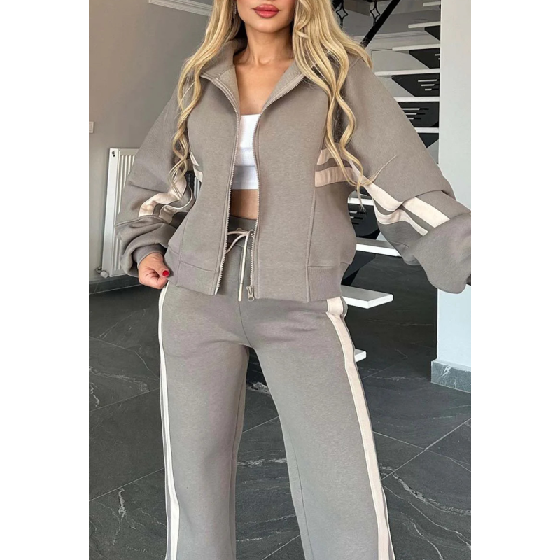 Women's Contrast Side Stripe Zip Jacket Wide-Leg Set