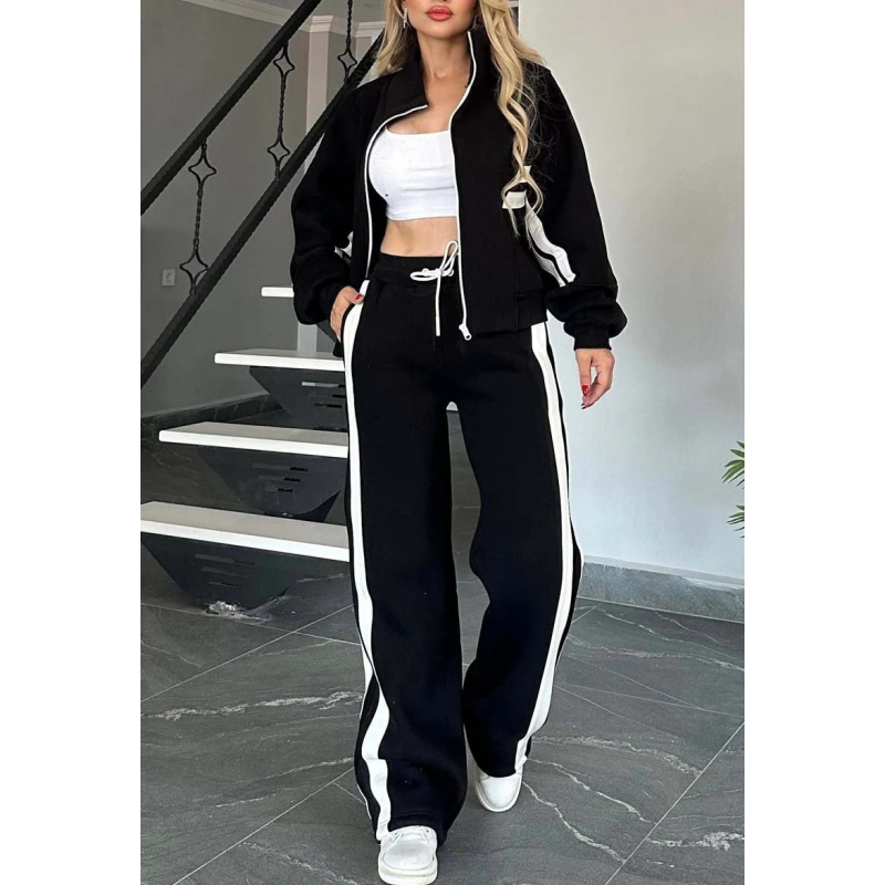 Women's Contrast Side Stripe Zip Jacket Wide-Leg Set