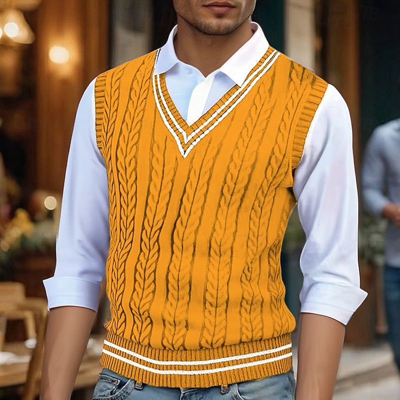 Men's V-Neck Striped Cable Knit Layering Vest