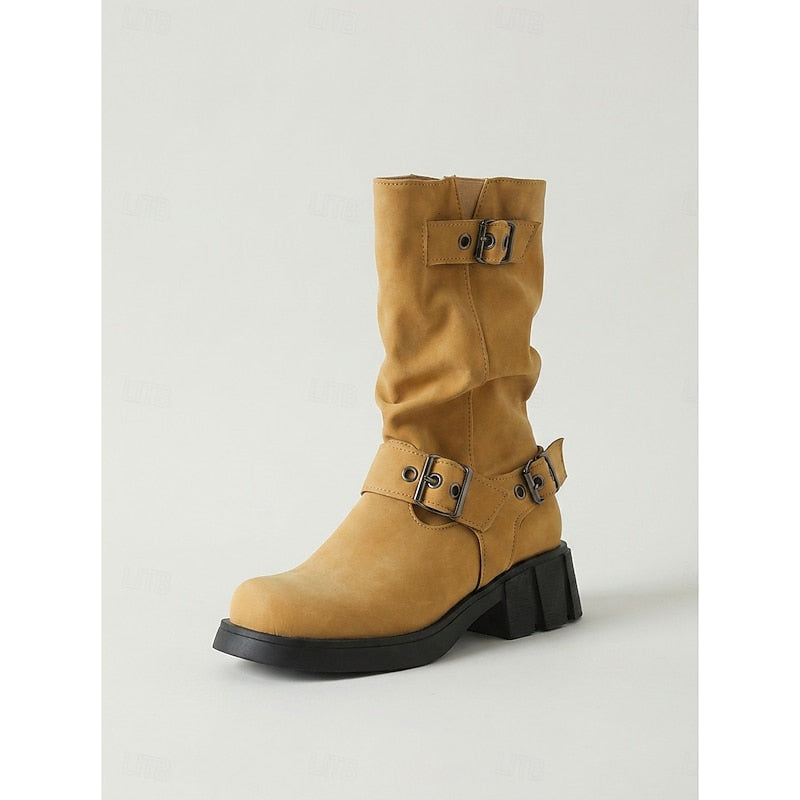 Women's Lug Sole Moto Boots with Chunky Block Heel