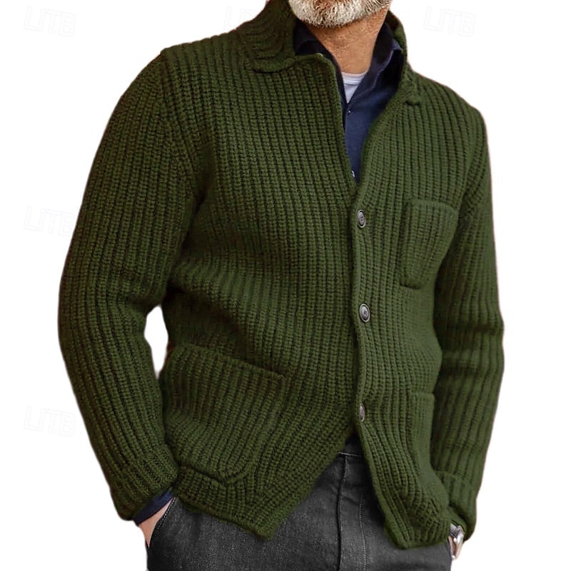 Men's Stand Collar Ribbed Front-Button Pocket Knit Cardigan