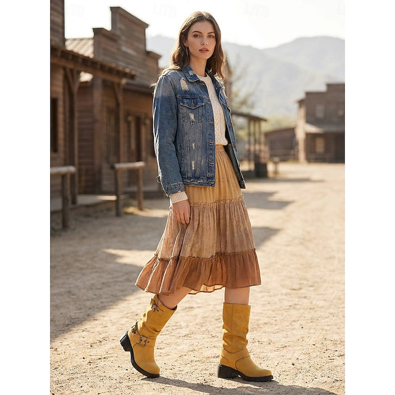 Women's Lug Sole Moto Boots with Chunky Block Heel