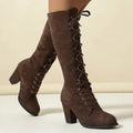 Women's Suede Tall Boots with Front Lacing and Block Heel
