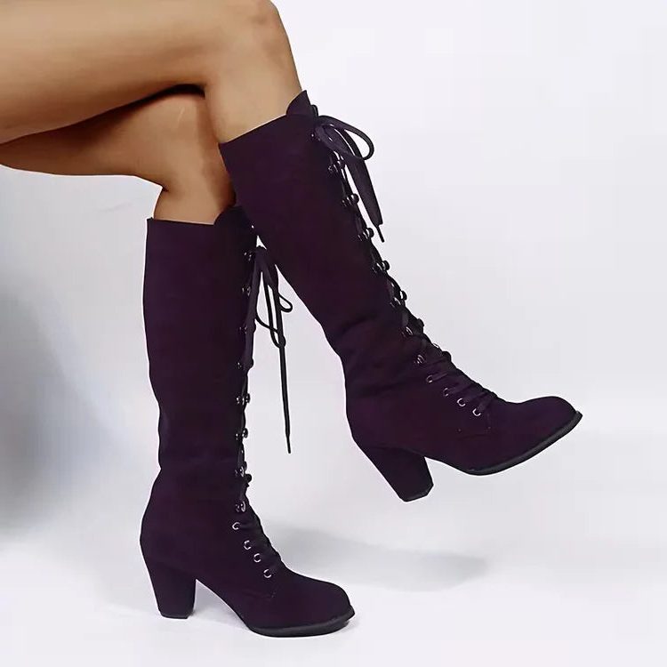 Women's Suede Tall Boots with Front Lacing and Block Heel
