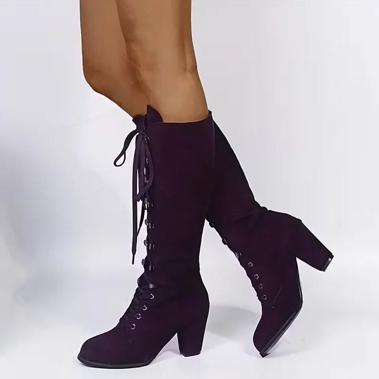 Women's Suede Tall Boots with Front Lacing and Block Heel
