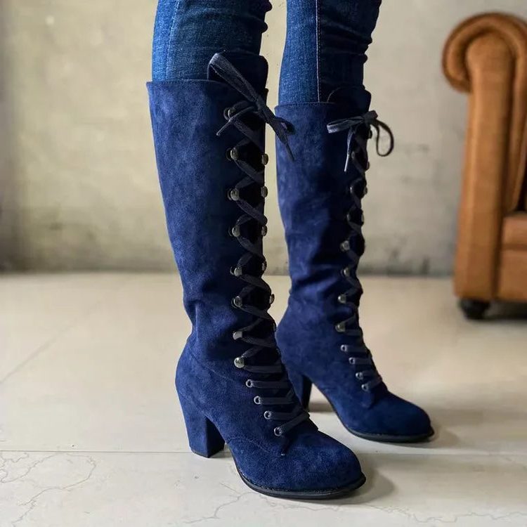 Women's Suede Tall Boots with Front Lacing and Block Heel
