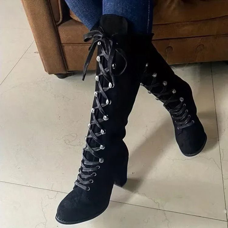 Women's Suede Tall Boots with Front Lacing and Block Heel