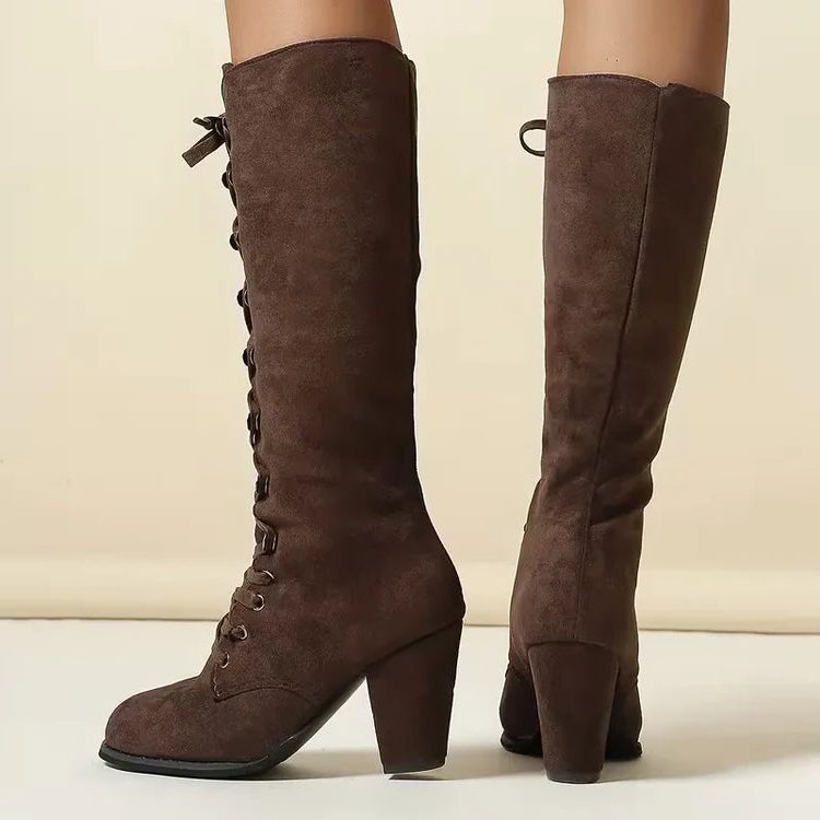 Women's Suede Tall Boots with Front Lacing and Block Heel
