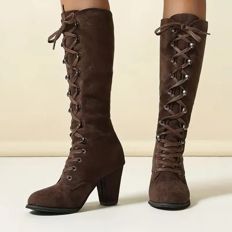 Women's Suede Tall Boots with Front Lacing and Block Heel