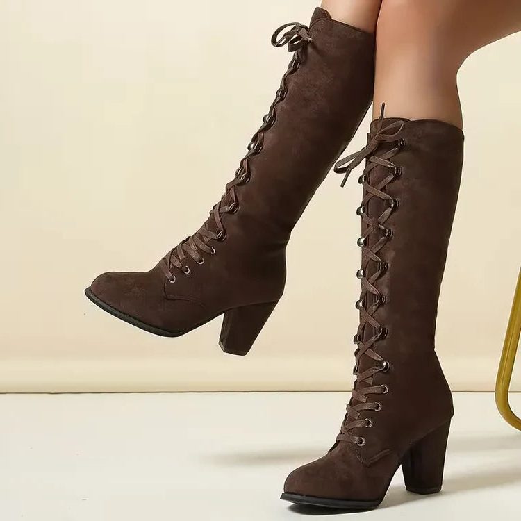 Women's Suede Tall Boots with Front Lacing and Block Heel