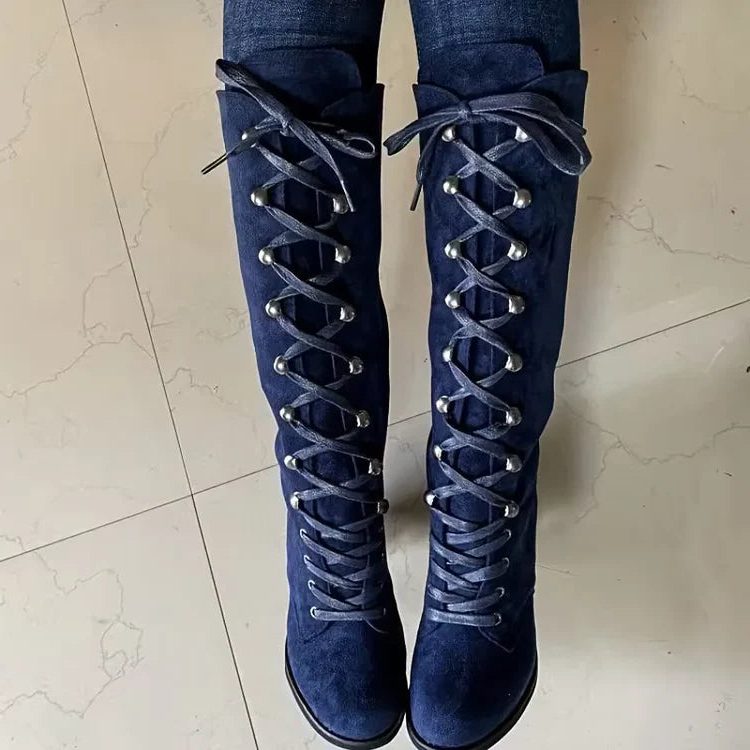 Women's Suede Tall Boots with Front Lacing and Block Heel