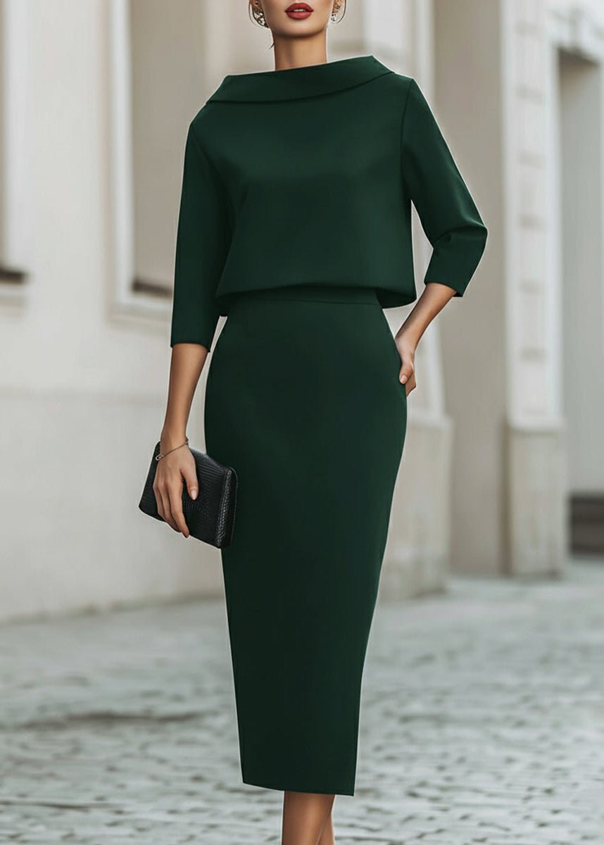 Women's Tailored Boat Neck Top Midi Skirt Two-Piece Set