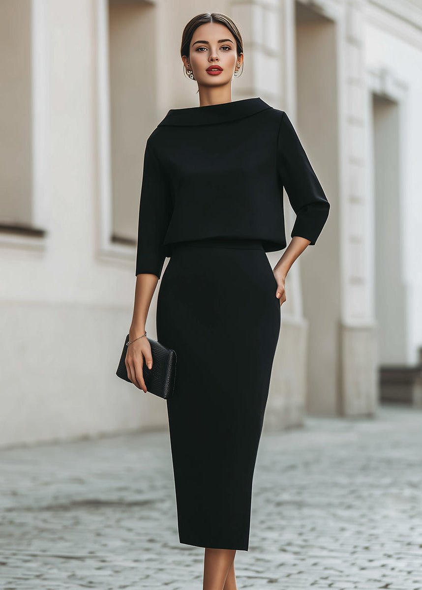 Women's Tailored Boat Neck Top Midi Skirt Two-Piece Set