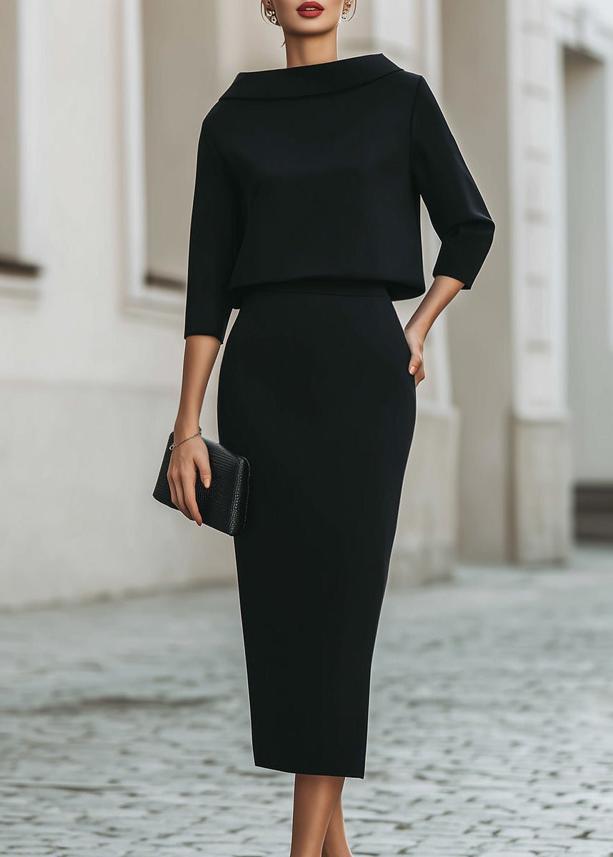 Women's Tailored Boat Neck Top Midi Skirt Two-Piece Set