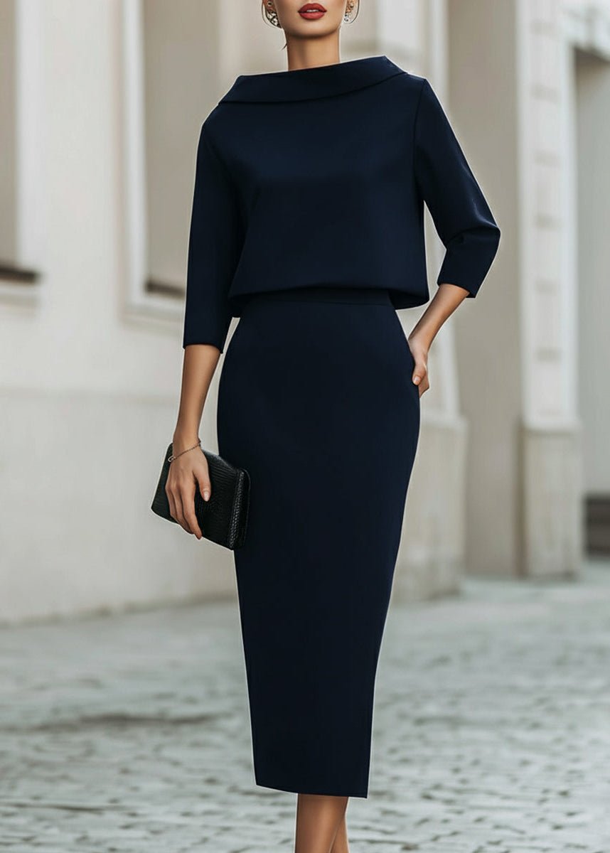 Women's Tailored Boat Neck Top Midi Skirt Two-Piece Set