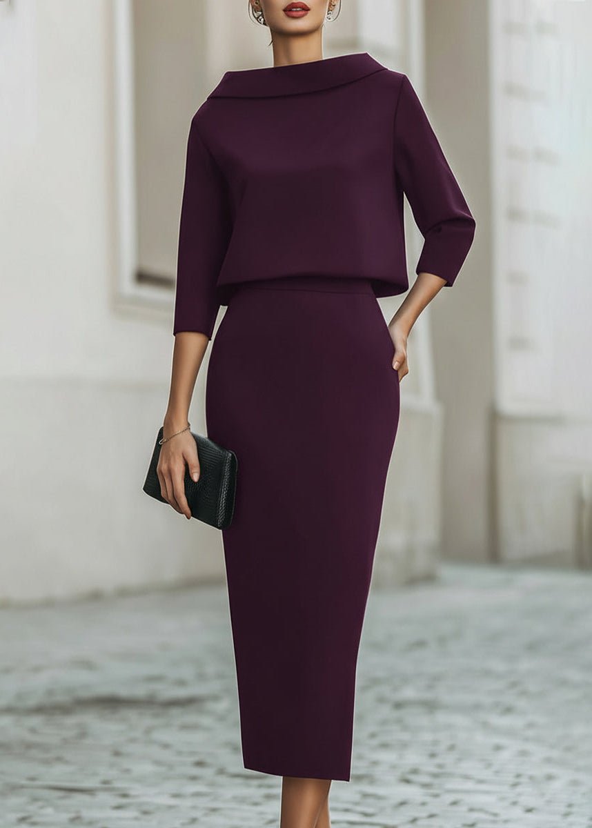 Women's Tailored Boat Neck Top Midi Skirt Two-Piece Set