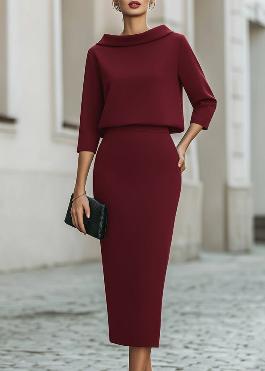 Women's Tailored Boat Neck Top Midi Skirt Two-Piece Set