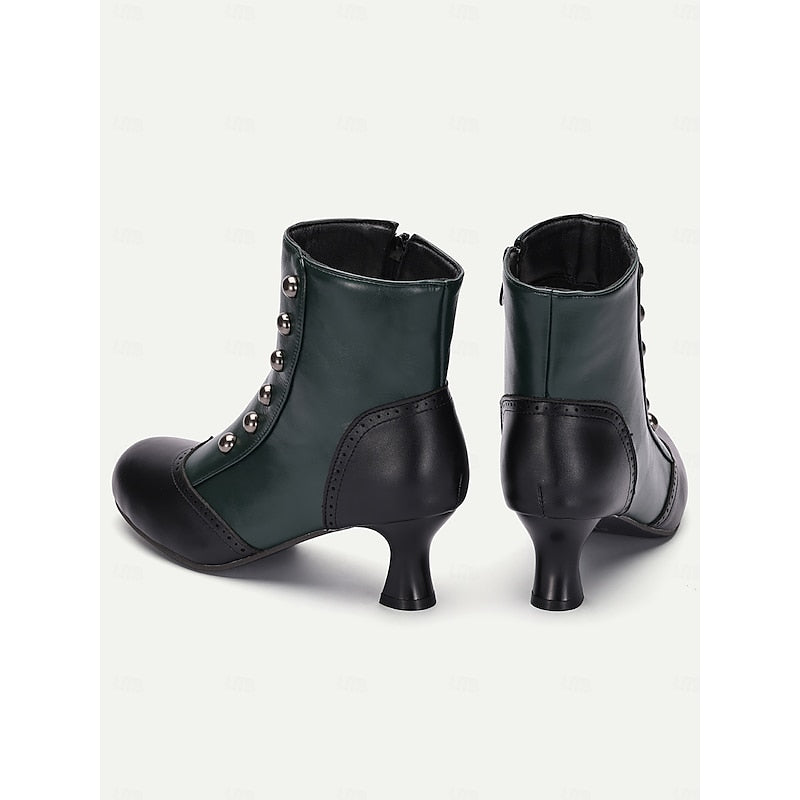 Women's Two-Tone Vintage Ankle Booties with Button Detail