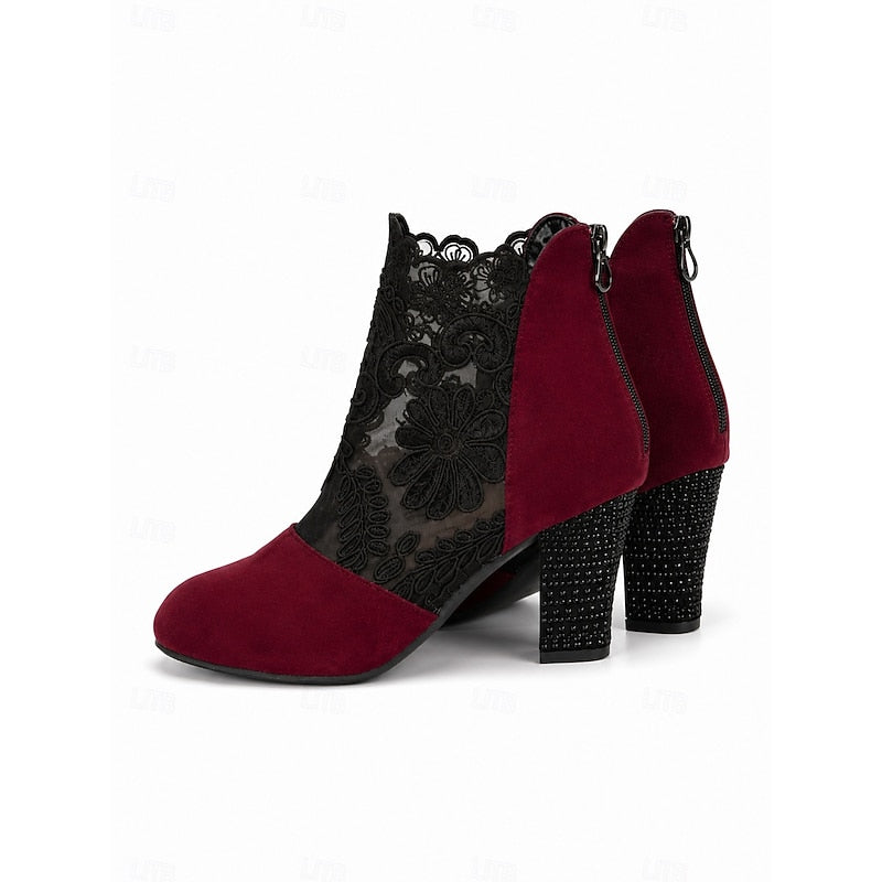 Women's Floral Lace Overlay Block Heel Booties
