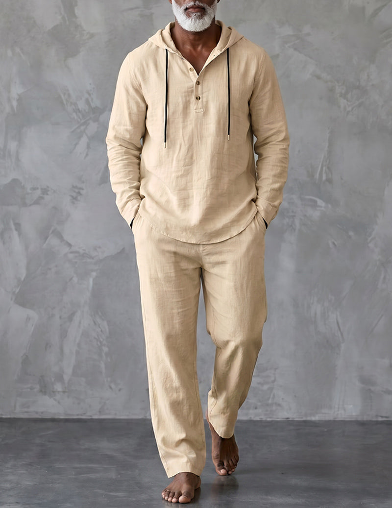 Men's Hooded Henley Placket Loungewear Set