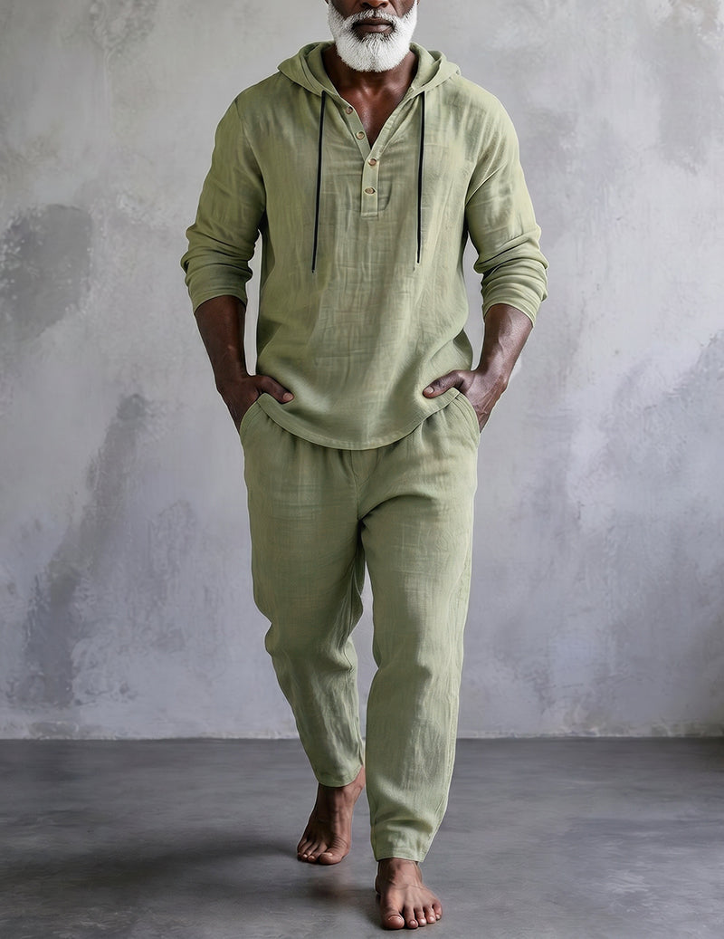Men's Hooded Henley Placket Loungewear Set