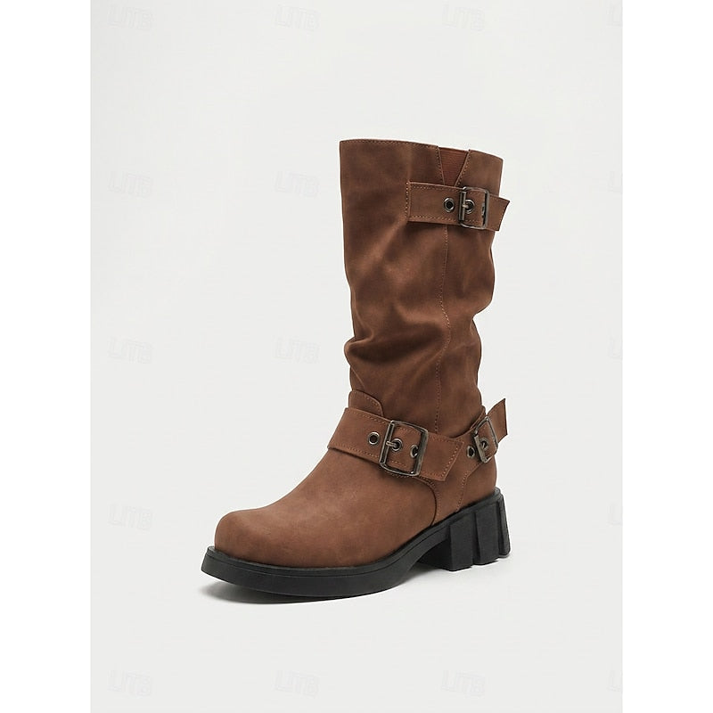 Women's Lug Sole Moto Boots with Chunky Block Heel