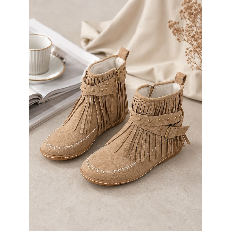 Women's Flat Sole Fringe Moccasin Booties