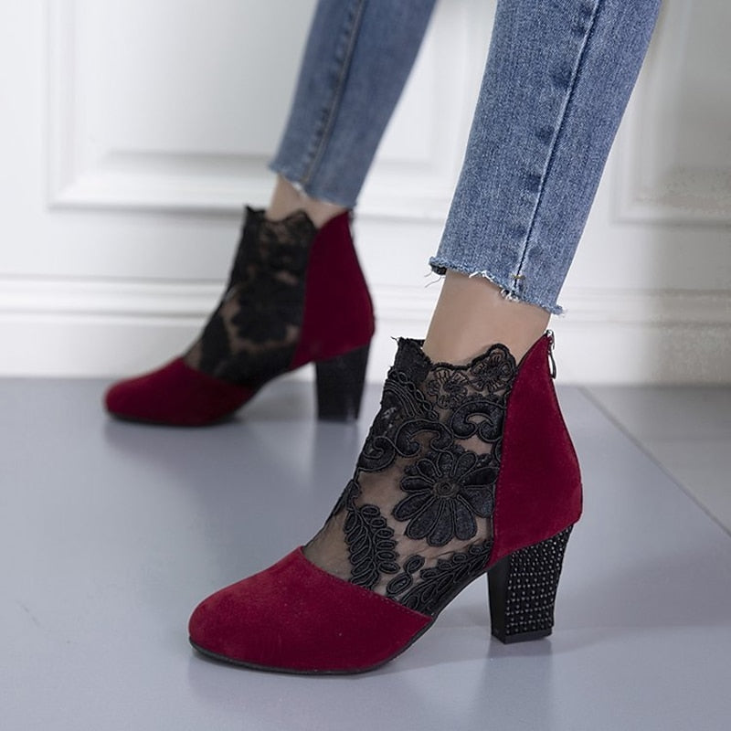 Women's Floral Lace Overlay Block Heel Booties