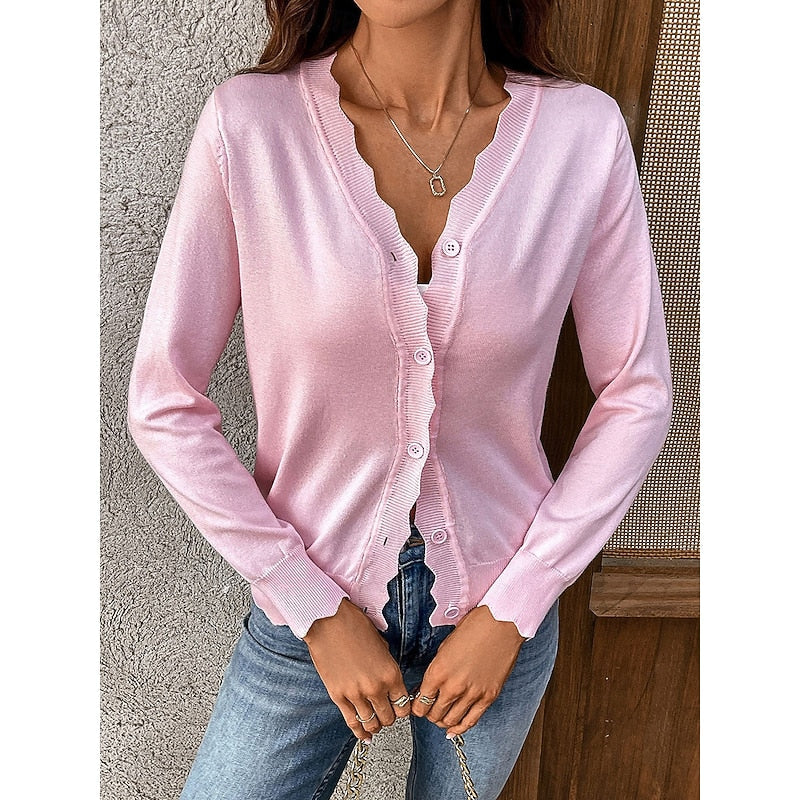 Women's Scalloped Trim V-Neckline Button-Up Knit Cardigan